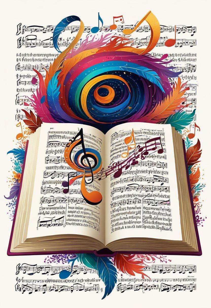 A whimsical book opened to reveal flowing musical notes transforming into poetic verses, surrounded by vibrant colors that blend the world of music and literature. In the background, faint outlines of classical instruments and quill pens create a harmonious blend, symbolizing creativity. Soft light radiates from the book, illuminating the text and notes, inviting the viewer into the imaginative realm of song texts. ethereal, vibrant colors, super-realistic.