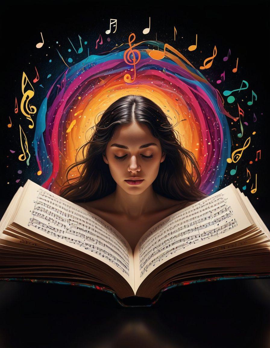 An artistic representation of an open book with flowing musical notes intertwining with the pages, symbolizing lyrics and their meanings. In the background, a kaleidoscope of vibrant colors and abstract sound waves emanate, enhancing the sense of depth in interpretation. A shadowy figure, deeply contemplative, sits nearby, hinting at the exploration of songs. super-realistic. vibrant colors. abstract.