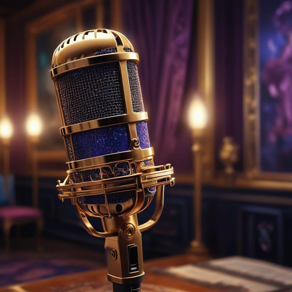 A close-up of a vintage microphone surrounded by swirling musical notes, with ethereal light illuminating from within the notes. In the background, shadowy figures of famous songwriters are gesturing animatedly, giving a sense of dialogue and inspiration. The color palette is rich with deep blues and purples, contrasted by vibrant gold accents. super-realistic. vibrant colors.